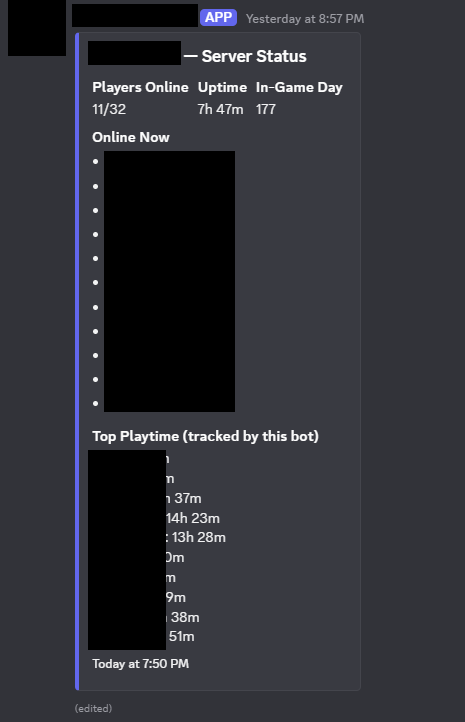 Discord embed showing live server status: players online, uptime, in-game day, who&rsquo;s online now, and a top-playtime leaderboard tracked by the bot