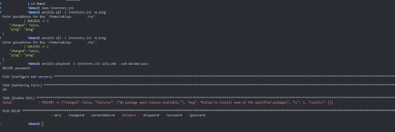 Terminal showing a successful ansible ping to the demo VM twice, followed by ansible-playbook failing on a task called Enable EPEL with &ldquo;No package epel-release available&rdquo;